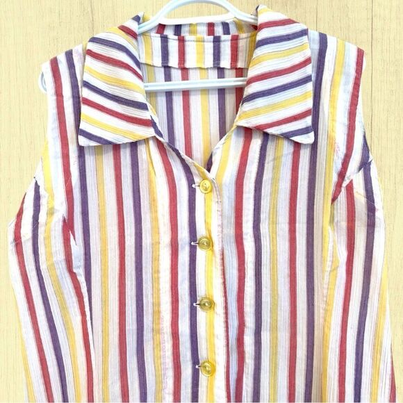 Vintage vertical striped button down midi dress sleeveless collar - Picture 3 of 5